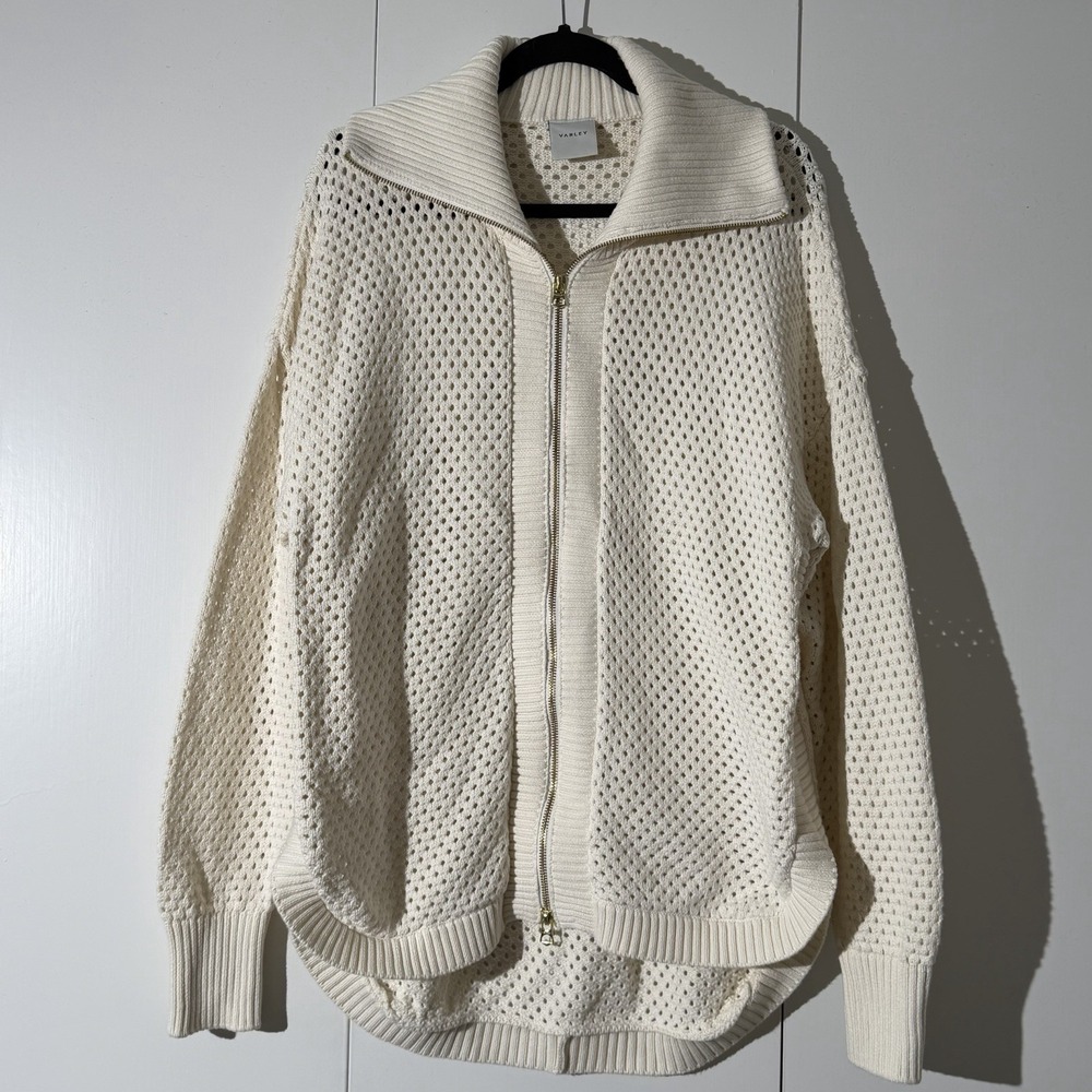 Varley Finn Longline Knit Jacket Womens XL Cream Cotton Zip Sweater